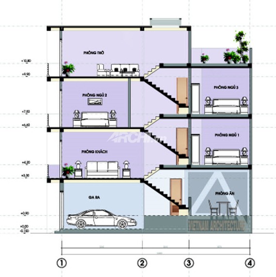 Archi - Thiết kế nhà lệch tầng hướng Tây Bắc, diện tích 4 x 12.5m